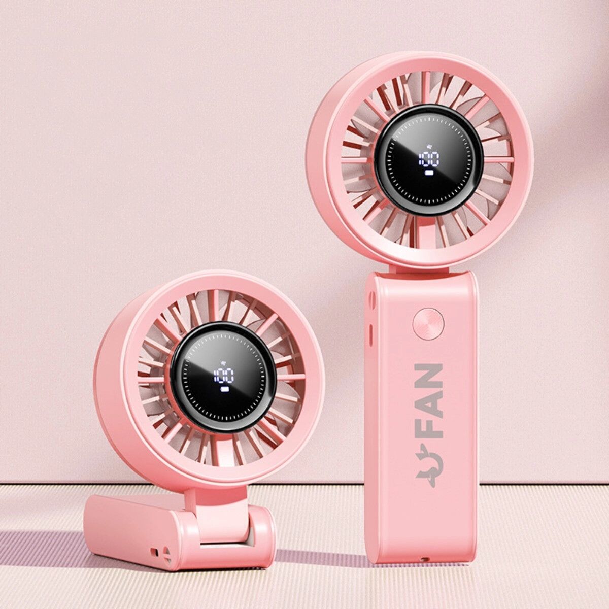 INF USB wiederaufladbarer faltbarer Ventilator mit Digitalanzeige – Hochgeschwindigkeits 3-in-1 Hand-, Tisch- und Rosa