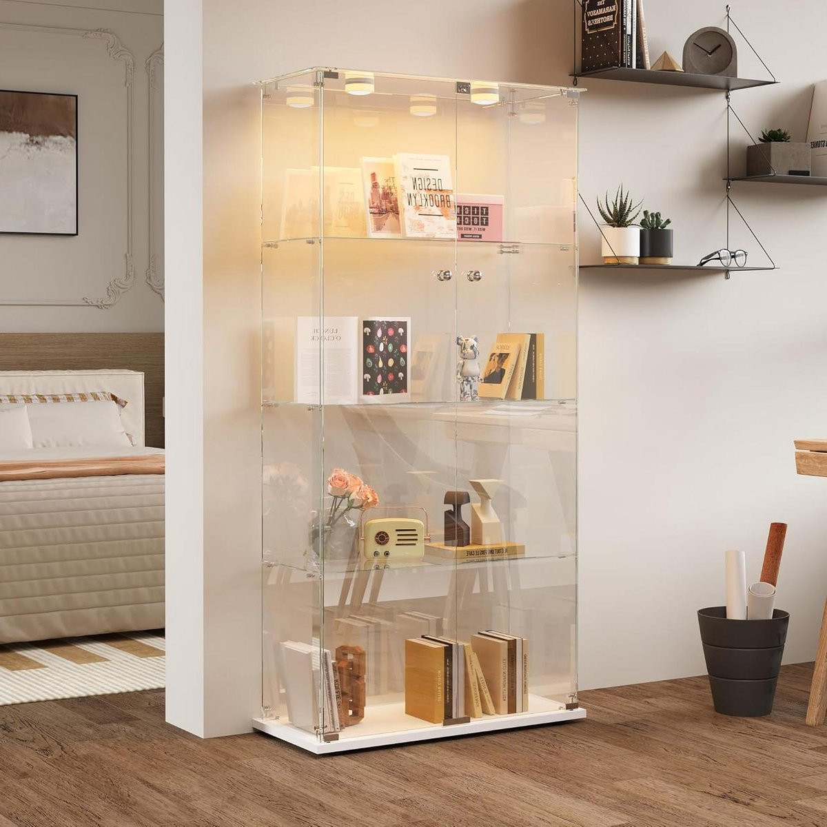 Witte glazen vitrinekast met LED-verlichting en 4 glazen planken