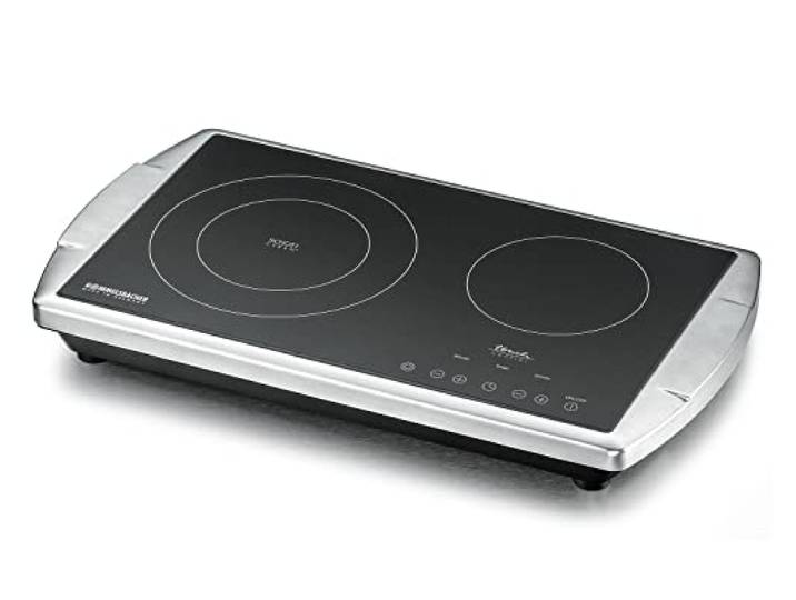 ROMMELSBACHER Doppelkochplatte CT 3403/TC-TM – Made in Germany, Schott CERAN Kochfläche, 2 Kochzonen, energiesparend, kurze Aufheizzeit, 9 Leistungsstufen, 99 Min. Timer, Touch Control, Edelstahl