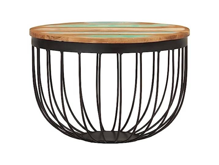 Couchtisch 50x35cm Massivholz aus Altholz und Stahl Industrieller Stil, Korbbasis, Tischplatte 50 x 35 cm, handgefertigt, Altholz