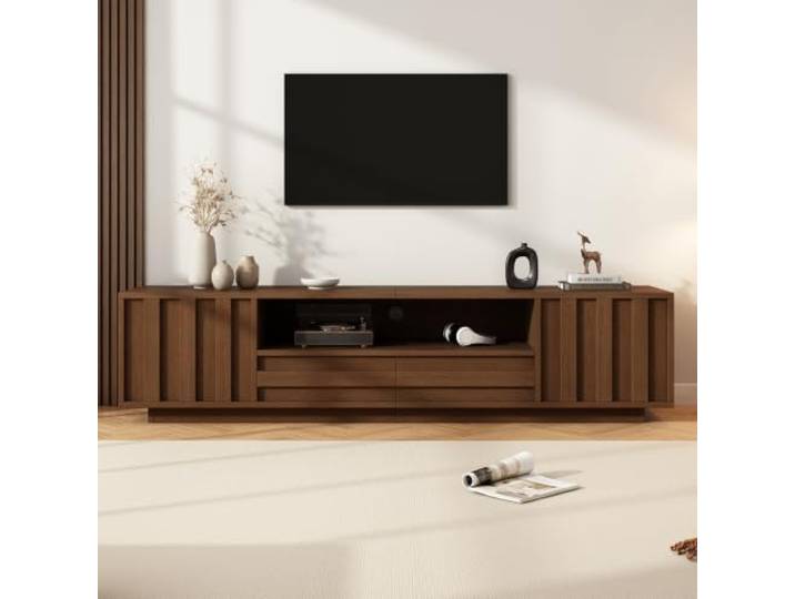 TV-Schrank 180cm Aus MDF, Walnussholz, 3D-Relief, Für Fernseher Bis 75 Zoll Lowboard Stehend Mit 2 Schubladen, 2 Flügeltüren, Offenem Fach, Druckmechanismus, Tv-Bank Für Wohnzimmer