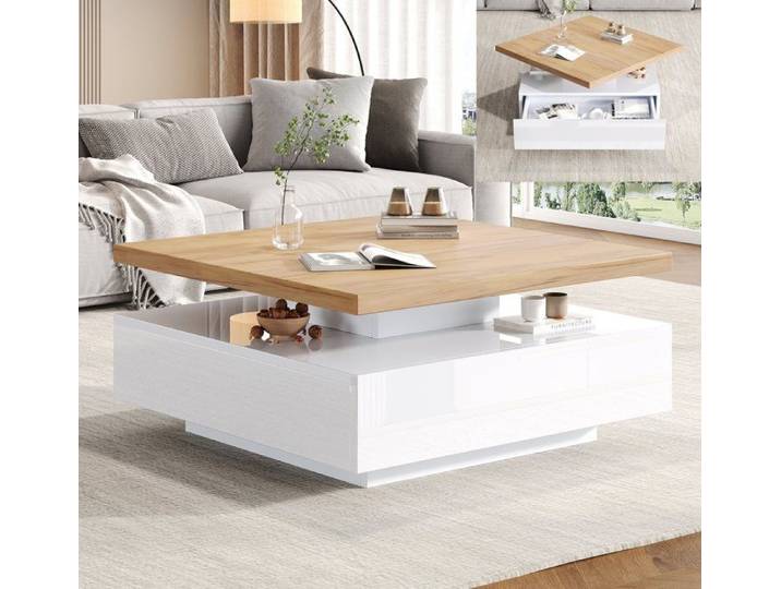 Table basse carré 70x70x36cm Table basse brillant salon Table d'appoint avec plateau rotative 360° et 1 tiroir - blanc + noyer