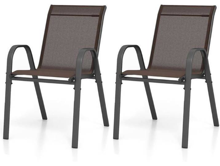 GOPLUS Lot de 2 Chaises de Jardin Empilables avec Accoudoirs Dossier-en Métal et Textilène Charge 150KG-56x70x84cm Marron