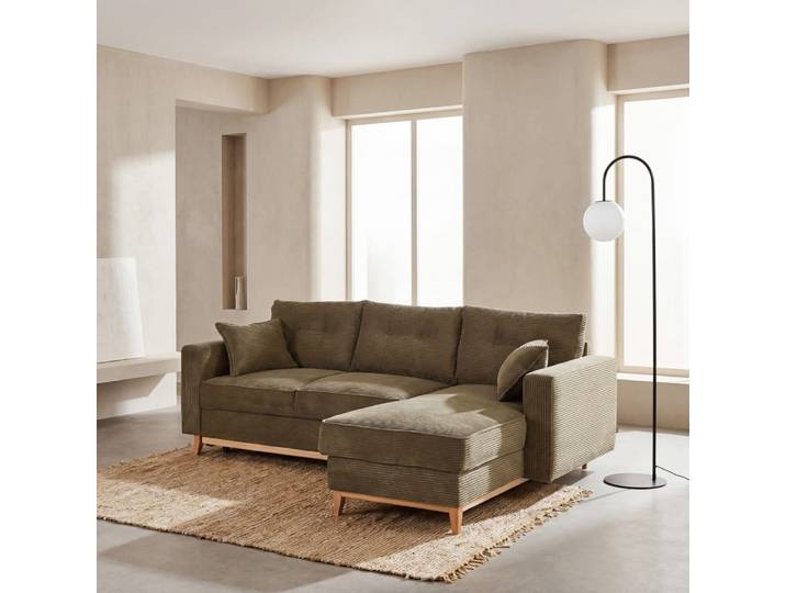 Skandinavisches Ecksofa zum Ausklappen, 4-/5-Sitzer, Khakigrün