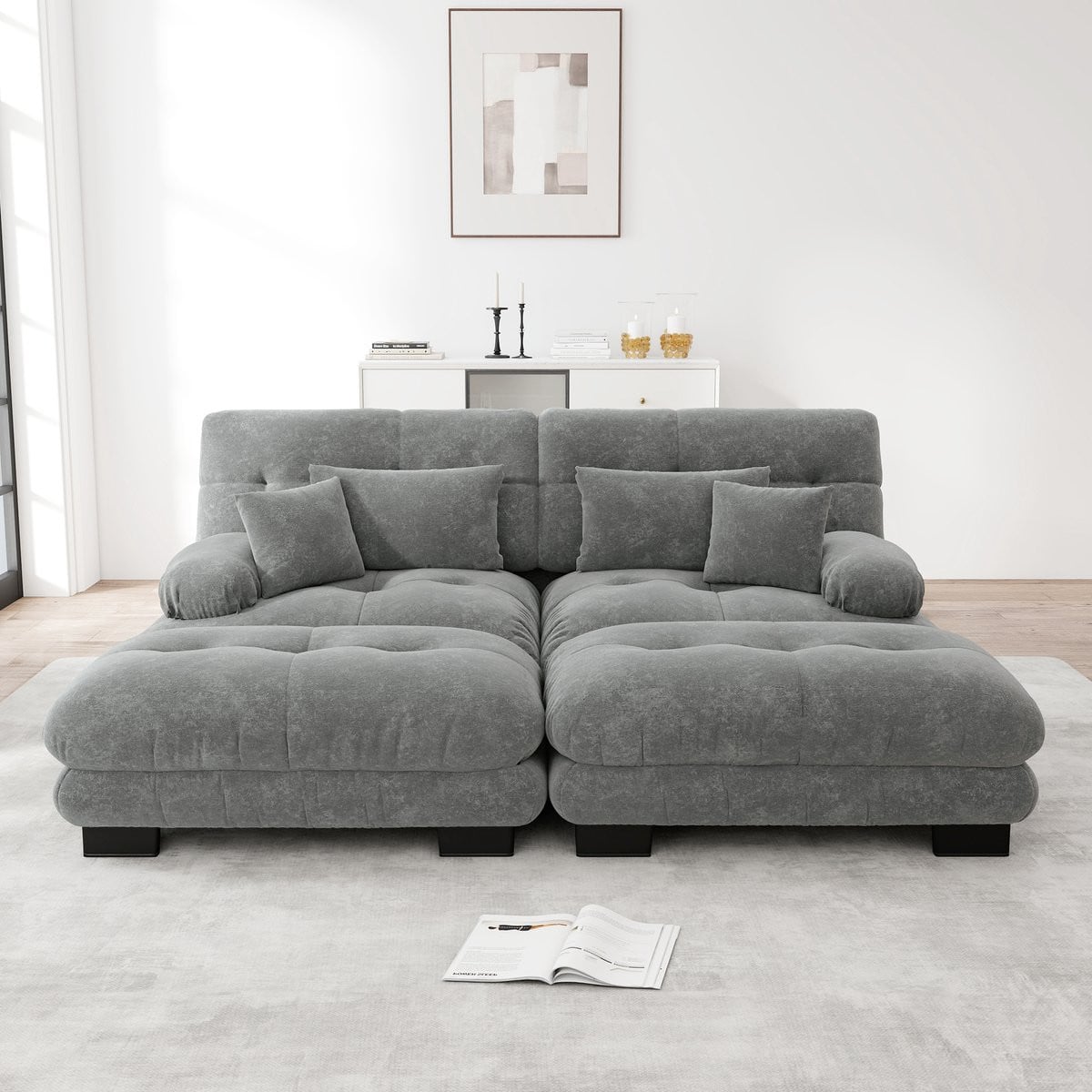 Zubaliya Modulaire Cloud Bank met 2 Ottomans en Sierkussens - Grijs - Chenille Stof