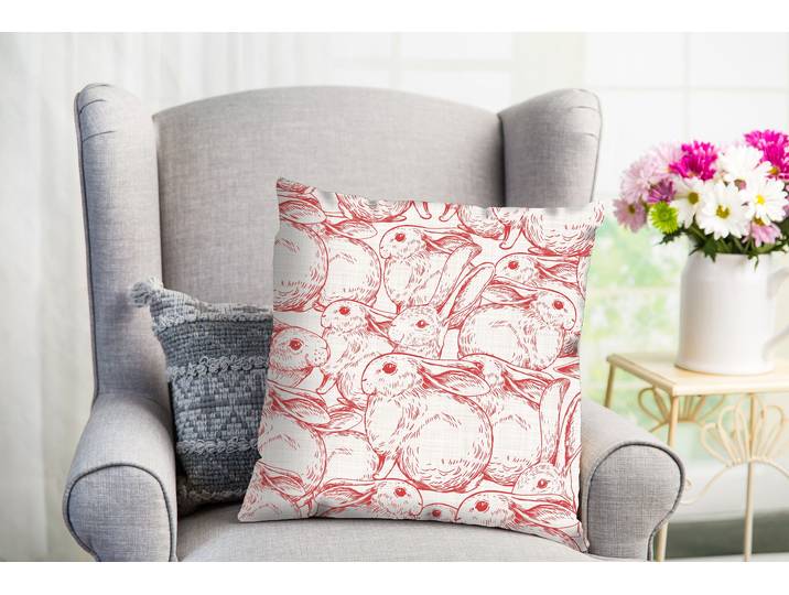 Dekokissen QUEENCE Benno , rot (rot, bedruckt), B:40cm L:40cm, Obermaterial: 100% Polyester, Dekokissen_Sitzkissen_Kissenhüllen, Dekokissen, Kissenhülle,Weisser Hintergrund,Rote Hasen,Ostern,Fröhlich,Frühling