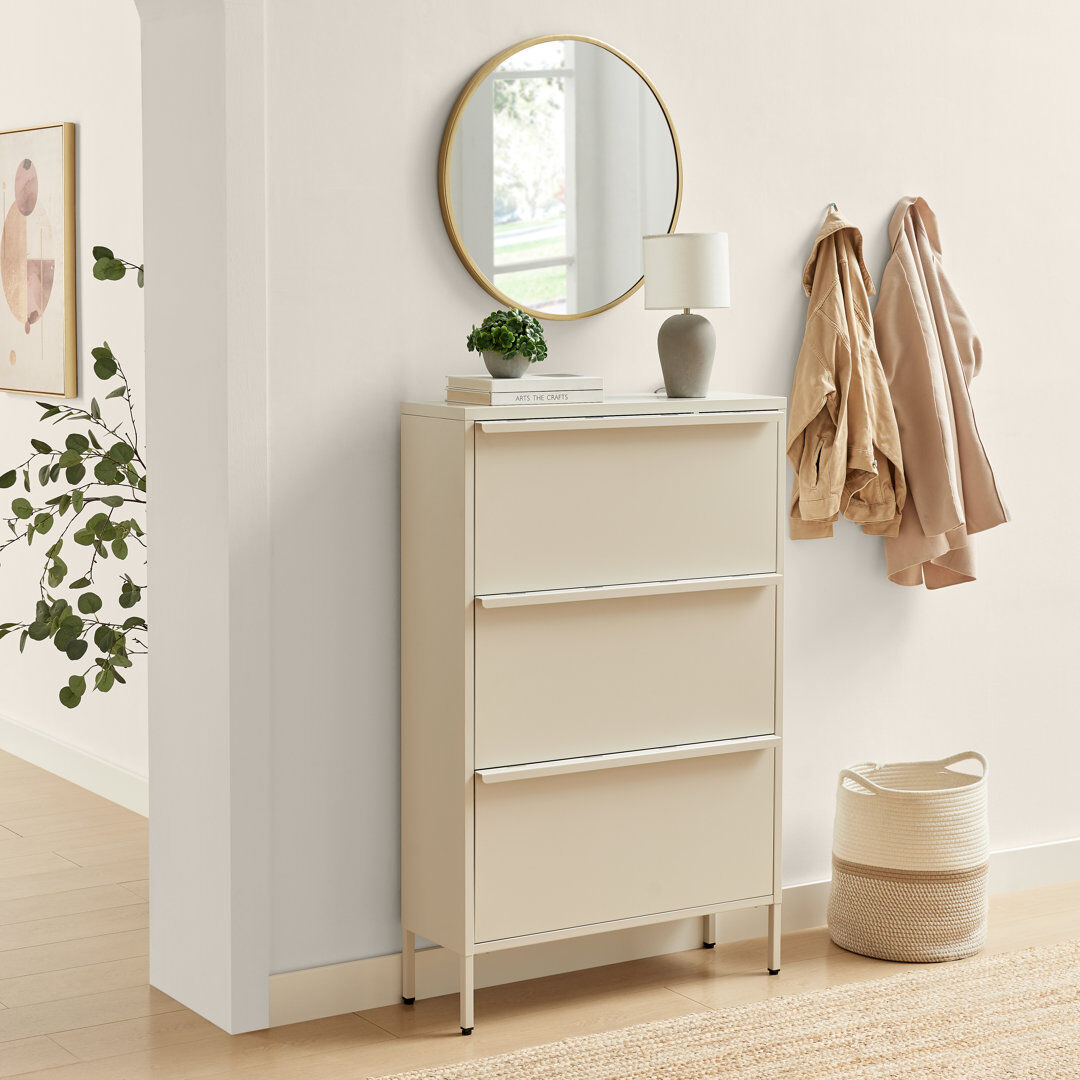 Latitude Run Erka Sleek Modern Metal Hallway Shoe Storage Cabinet With 3 Compartments - Bold Minimalist Style Cream 9