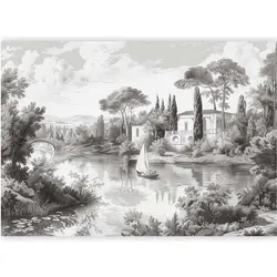 Artgeist, Tapete, Fototapete - Black and White Vintage Landscape Retro View of a Pond with a Boat (200 x 140 cm)