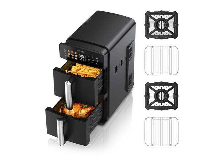 Arendo Heißluftfritteuse mit 2 Kammern Übereinander, XXL Doppelkammer Airfryer 11L, Dual Zone, 2400 W, mit Zubehör, Umluft Backofen, Edelstahl, fettarmes gesundes Kochen