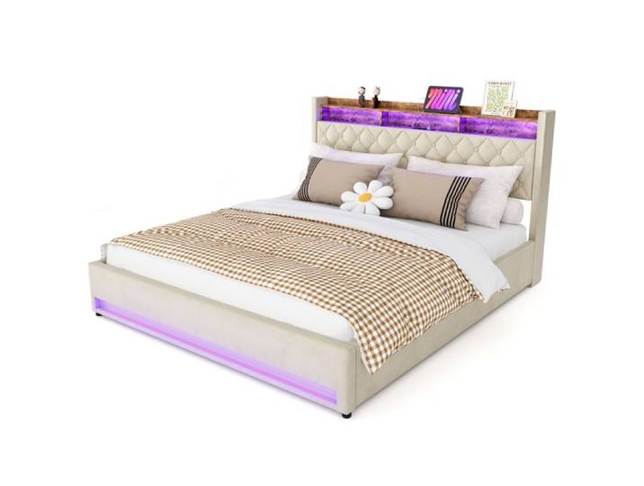 Lit coffre ULEVR avec rangement integre sans Matelas Beige 180x200 cm