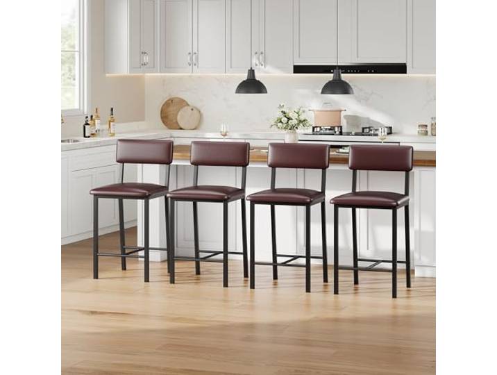 IDEALHOUSE 4er-Set Barhocker Mit Rückenlehne & Fußstütze 65 cm Sitzhöhe – Gepolstertes PU-Leder Braun – Robuste Metallbeine – Für Küche, Bar & Esszimmer