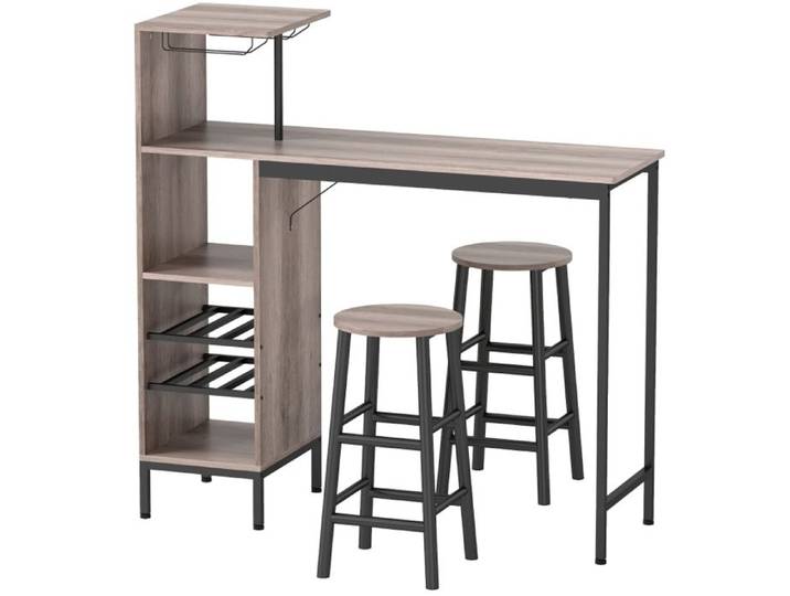 Set de bar 3 pièces – table haute avec rangements porte-bouteilles et 2 tabourets – gris