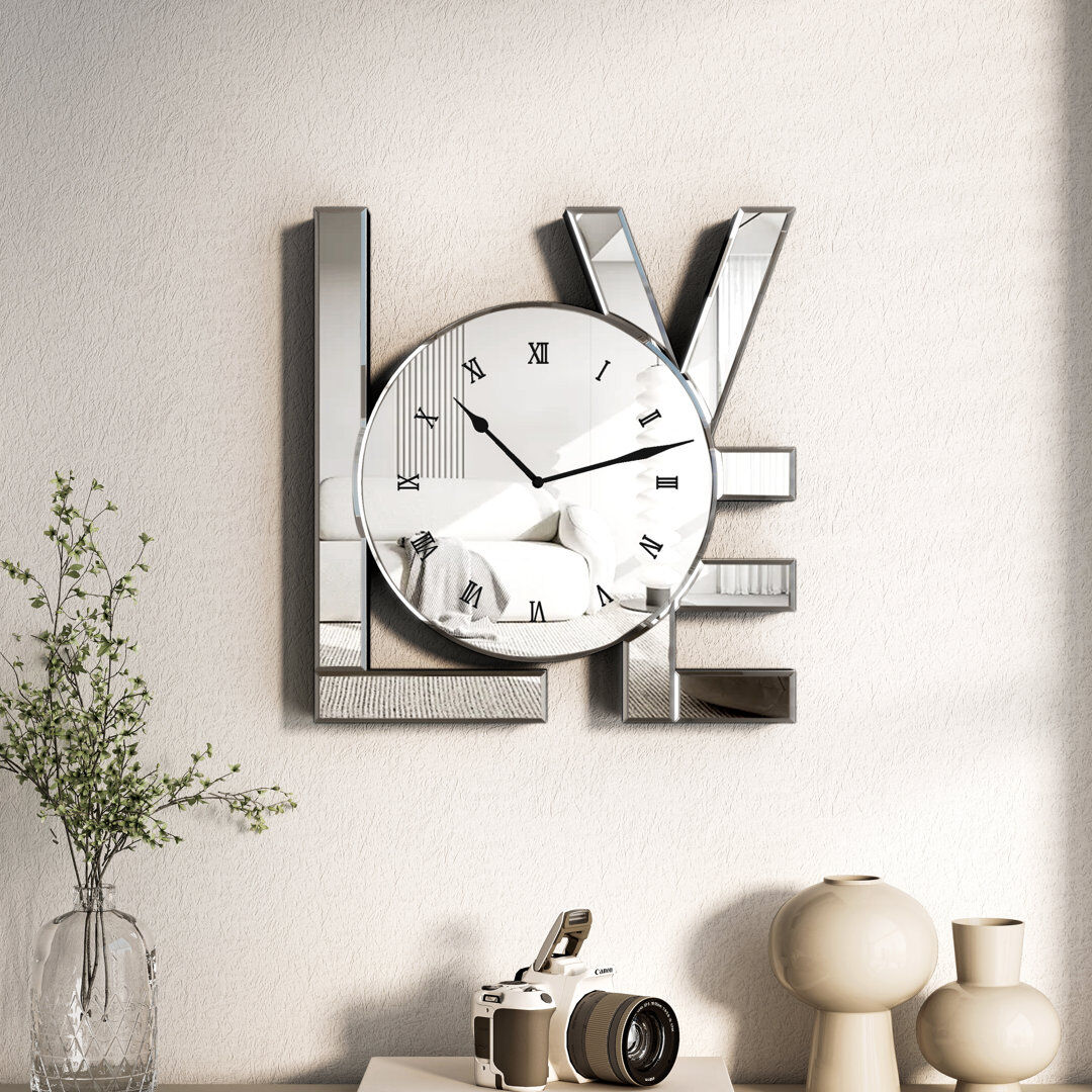 Ivy Bronx Shyfoy 28x30cm Glass Wall Clock Mirrored Table Clock LOVE Letter Accent Clock Silver 28cm W X 30cm H X 3.5cm D