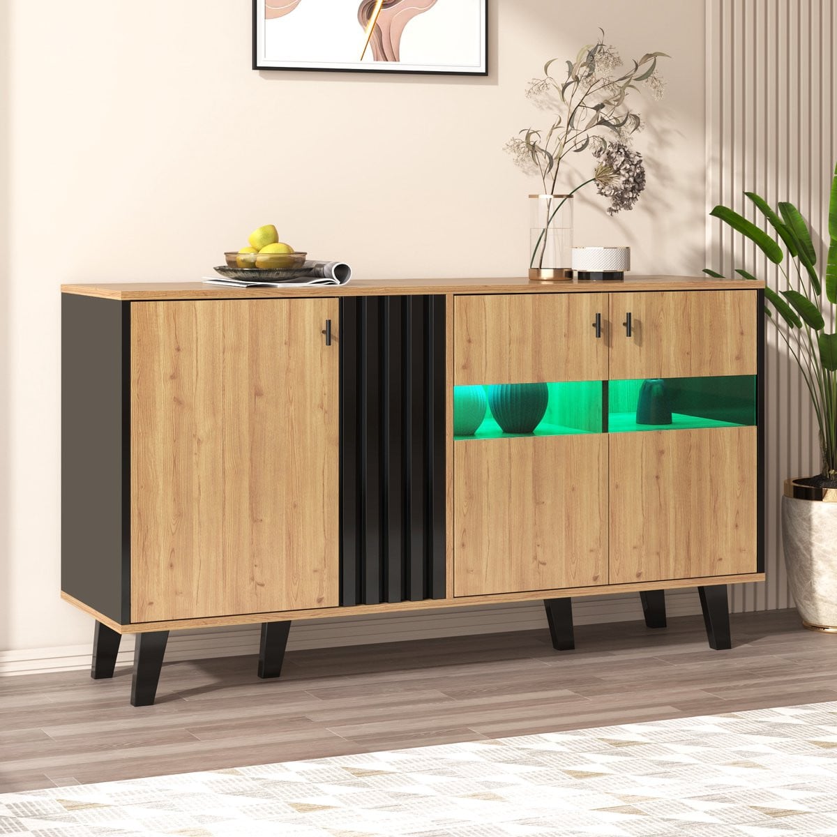 REDOM Sideboard natuurlijk-zwart met glazen deur, LED-verlichting en 3-deurs opbergruimte