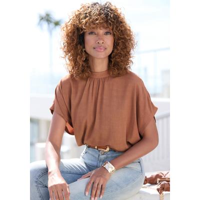 Kurzarmbluse LASCANA "mit schmalem Stehkragen und weiten Ärmeln", Damen, Gr. 38, braun (nougat), Web, Obermaterial: 100% Viskose, unifarben, figurumspielend hüftlang, weit, Blusen, Blusenshirt mit weiten Ärmeln, elegante Bluse, lockere Form