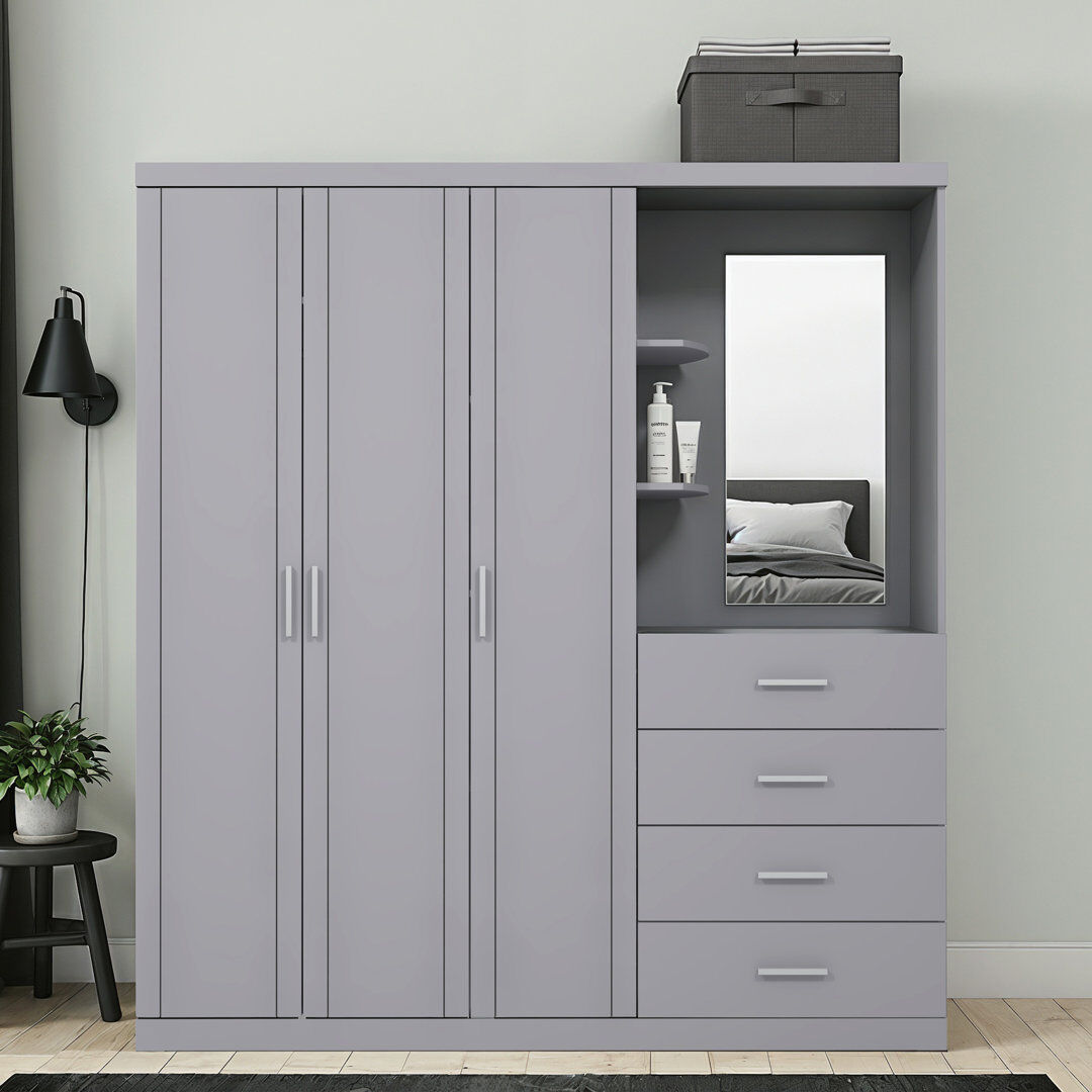 Brayden Studio Kimberley 3 Door 4 Drawer Combi Fitment Wardrobe Cool Grey 180cm H X 168.5cm W X 52.7cm D
