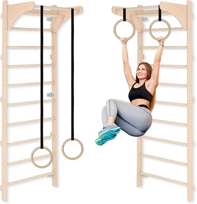 Sprossenwand mit Klimmzugstange für Erwachsene (230 cm), Holz-Kletterwand, Multifunktionales Fitnessgerät, Kletterleiter für Erwachsene & Kinder, 100% ECO, EU