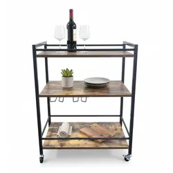 IvoQ Servierwagen – Küchenwagen – Industrielles Holz & Metall – 3 Ebenen – Auf Rollen mit Bremse – 64x40x85 cm