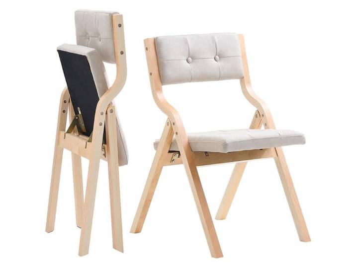Chaise pliante en bois - DUOKU - ZD-2501 - Lot de 2 - Coussin beige rembourré - Pliable 180 kg