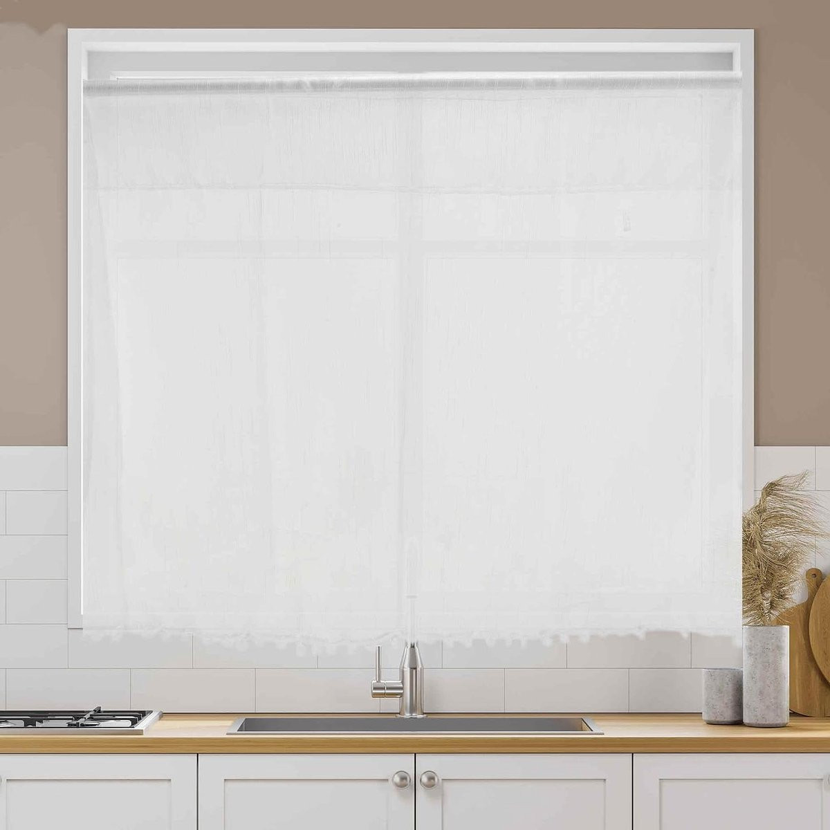 Wit semi-transparant keukengordijn voor privacy en lichtfiltering, 43 x 100 cm