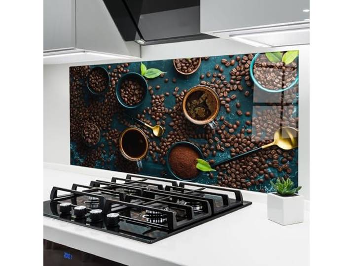 ARTHUB® Küchenrückwand aus Glas 60x150 cm, 4mm ESG Spritzschutz, Glasplatte, Herdspritzschutz, Wandschutz für Herd, Hartglas, Lebensmittel, Kaffee, Coffee Cups