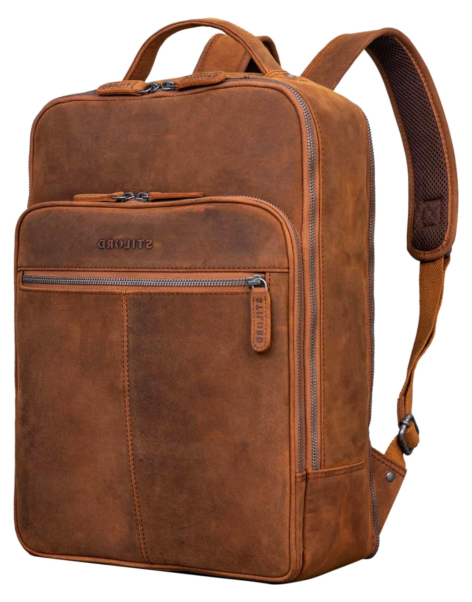 Pietro Business Lederrucksack Groß Laptoprucksack 15.6 Zoll Vintage Rucksack für Büro Arbeit Uni Trolley Aufsteckbar XL Echtleder Farbe: tan - Dunkelbraun