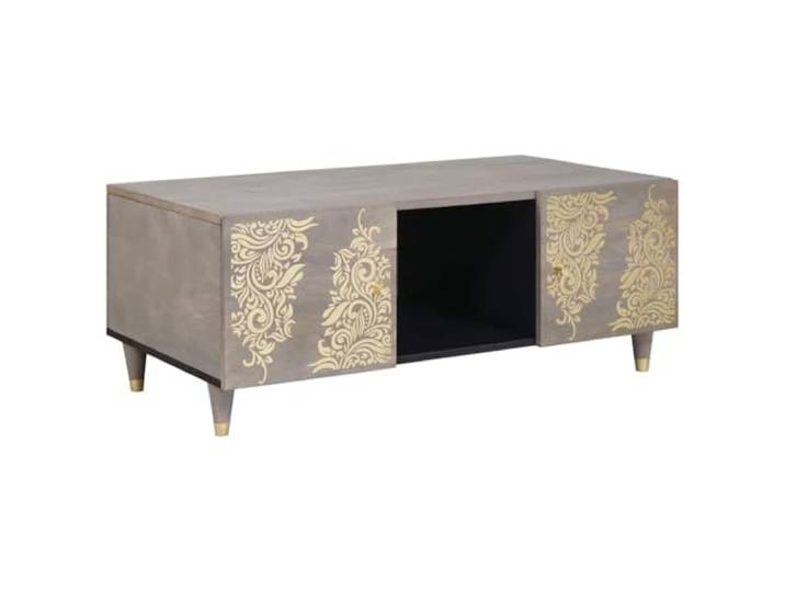 LASWWQMRF Couchtisch Grau 100x54x40 cm Massivholz Mango Wohnzimmertisch Stilvoller Beistelltisch aus Mangoholz mit Messingdetails und Stauraum für Ihr Wohnzimmer.