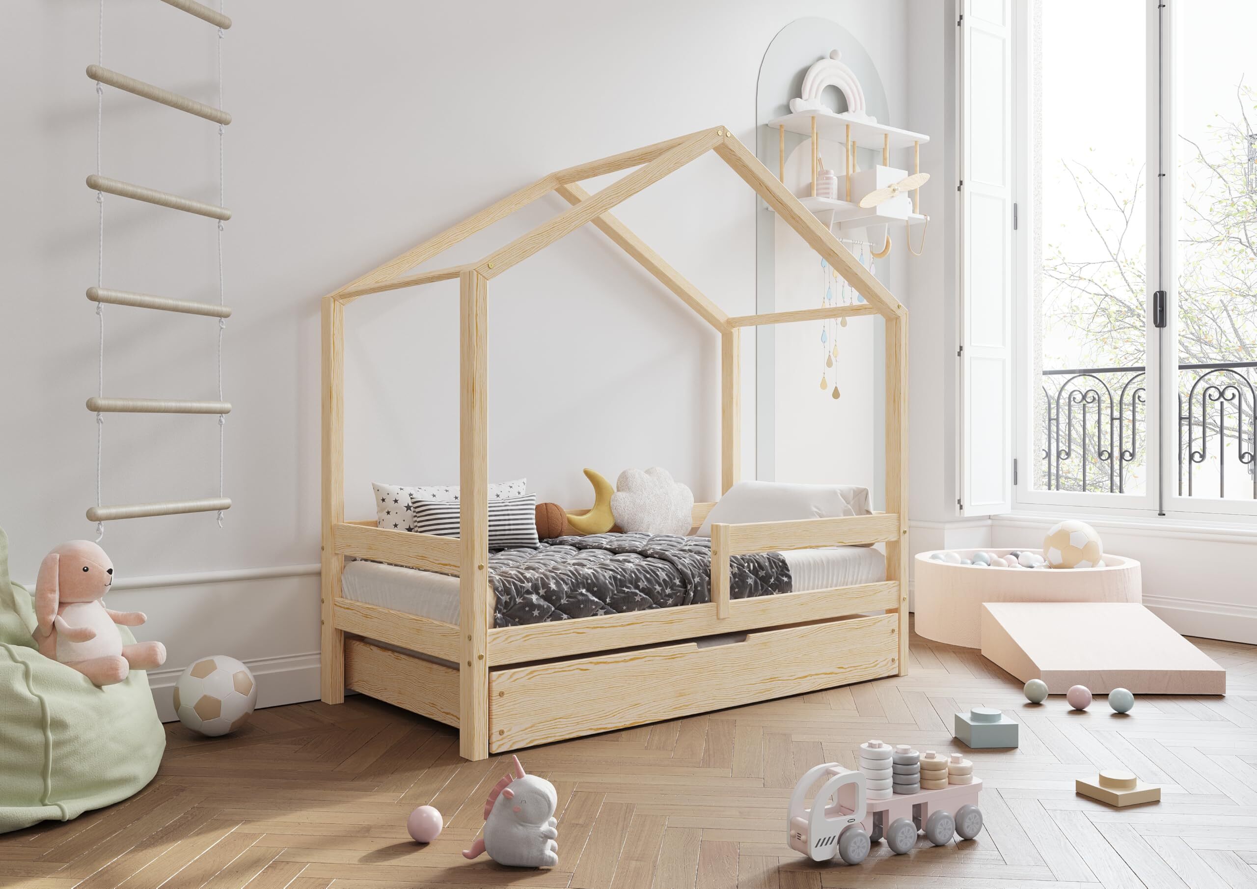 TIMBEE HUFIE Box Hausbett Kinderbett Holz Kinderzimmer Bett - Unlackiert - 80x160cm