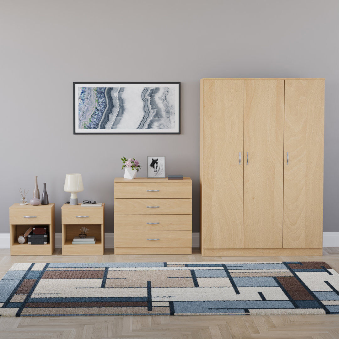 17 Stories Tayce 4 Piece Bedroom Set (1 Drawer Bedside Chest X2, 4 Drawer Chest, 3 Door Wardrobe) Tan