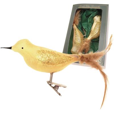 Weihnachtsbaumklammer KREBS GLAS LAUSCHA "Amsel, Eislack, unversilbert", gold, B:6cm H:6cm T:17cm, Glas, Weihnachtsbaumschmuck, Weihnachtsbaumklammer, Weihnachtsbaumklammern Glas, mundgeblasen, handgefertigt, Glasvogel