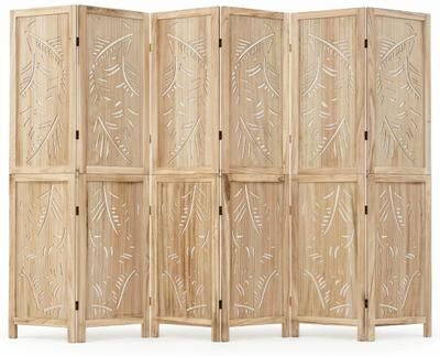 Costway 6-Panel Wooden Room Divider with Palm Leaf Design & Paulownia Frame for Home