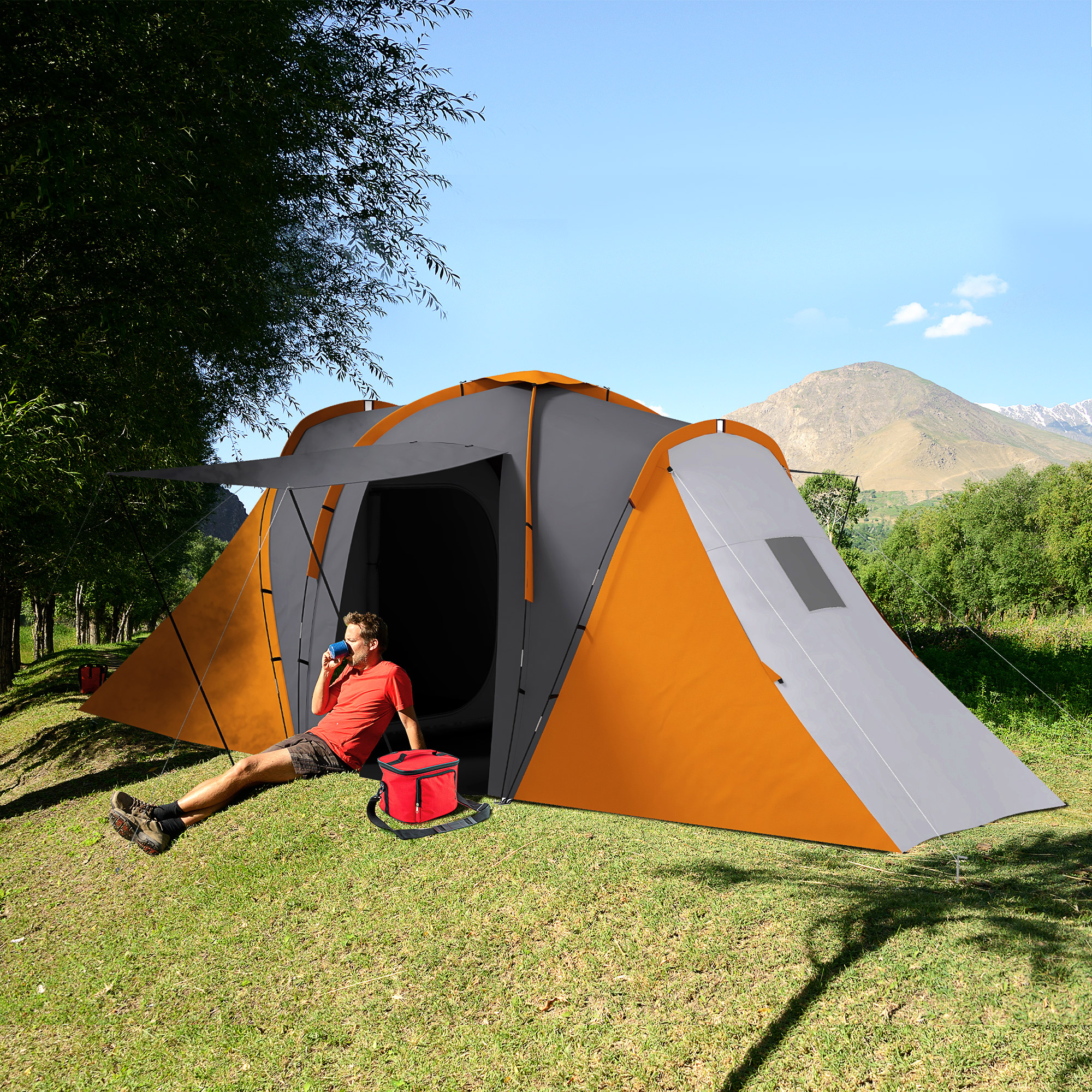 Outsunny Tenda tunnel 4-6 persone impermeabile 2000 mm con 2 camere, Grigio e Arancione   Aosom Italy