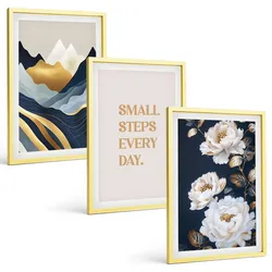 BILDER SET 3er Set - 40x60 cm Goldrahmen - Abstrakte Berge und Blumen Inspiration