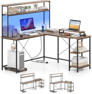 Reversible Corner Computer Desk L-Shaped Desk w/ LED Strip