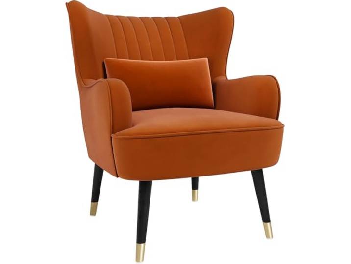 Vesgantti Samt Sessel, Moderne Relaxsessel mit Holzbein, Loungesessel mit Armlehnen, Ohrensessel für Wohnzimmer Schlafzimmer (Orange, Ohne Fußhocker)