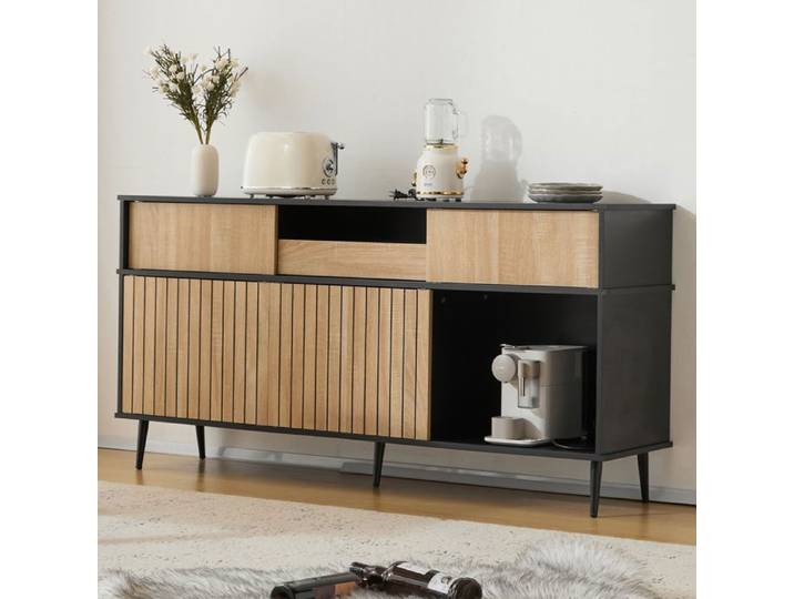 2ème génération épaissie couleur chaleureuse commode avec 4 portes coulissantes et 1 tiroir chêne combiné avec noir dimensions: