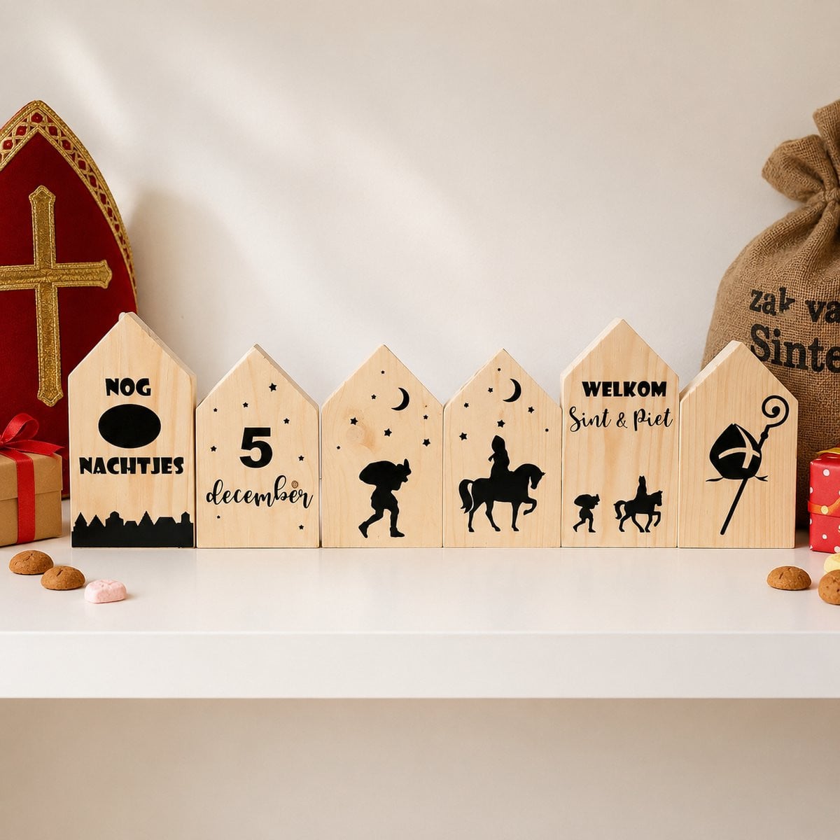 Troubadot Set van 6 Houten Sinterklaas huisjes voor Sinterklaasdecoratie