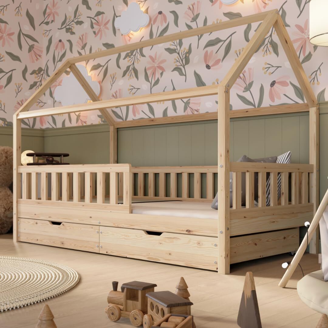 Crazy Pine Hausbett mit Schubladen 120x200 cm - Kinderbett aus Naturholz - Montessori Bodenbett mit zusätzlichen Stauraum - Crazy Blanco