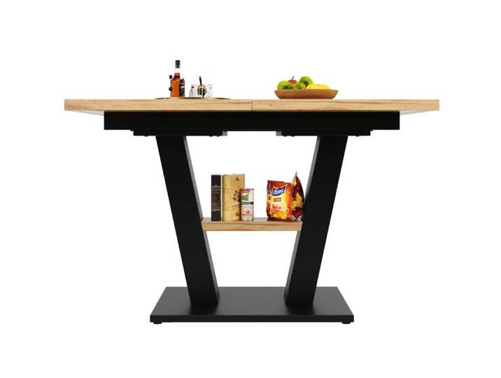 ELVORIN Table a manger extensible 118 a 157 x 70 x 75 cm decor bois noir et naturel pieds en V avec tablette