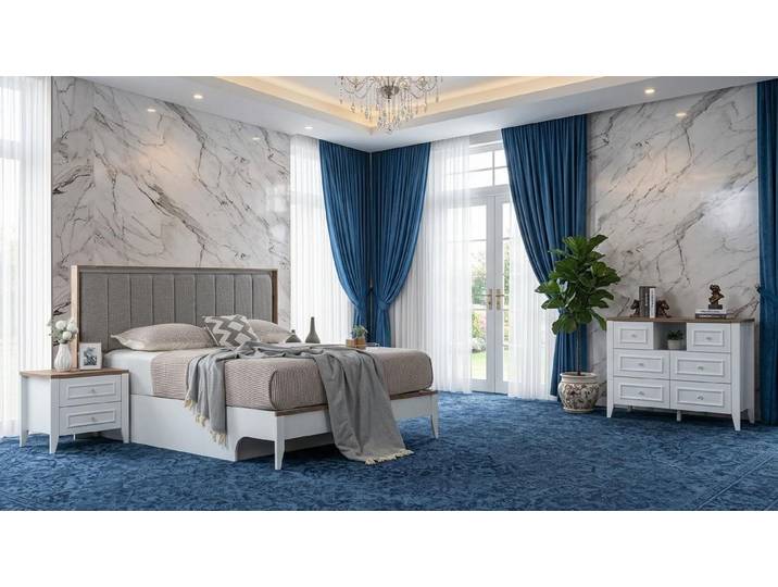 JVmoebel Schlafzimmer-Set Stilvolle Weiße Schlafzimmer Garnitur Edles Polsterbett Nachttische, (5-tlg), Made in Europa