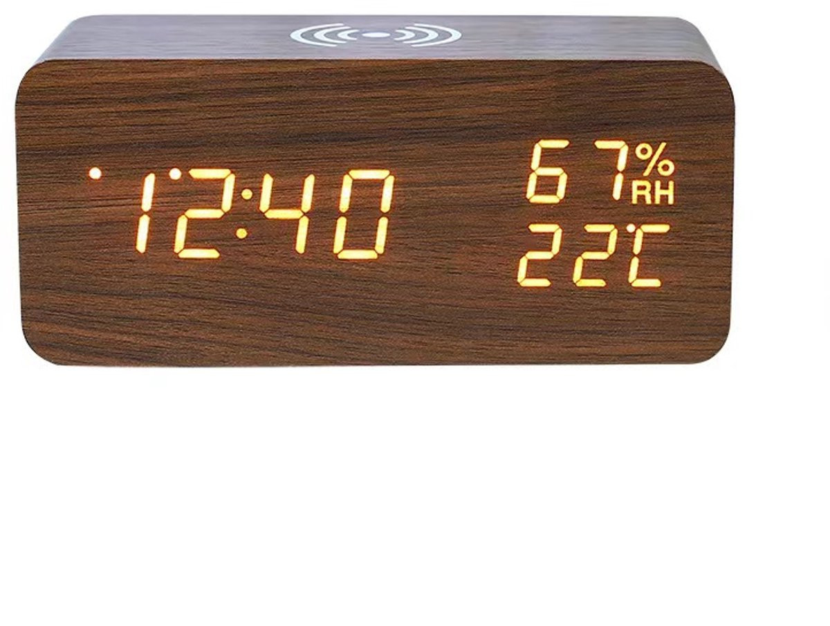 Houten Digitale Wekker met Wekkerradio en Draadloos Opladen - Weerstation voor Binnen