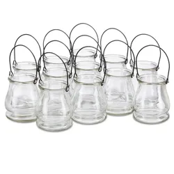 Relaxdays Windlicht aus Glas, 12er Set, runde Glasvase mit Henkel, Tischdeko für Drinnen u. Draußen, 10 cm hoch, klar