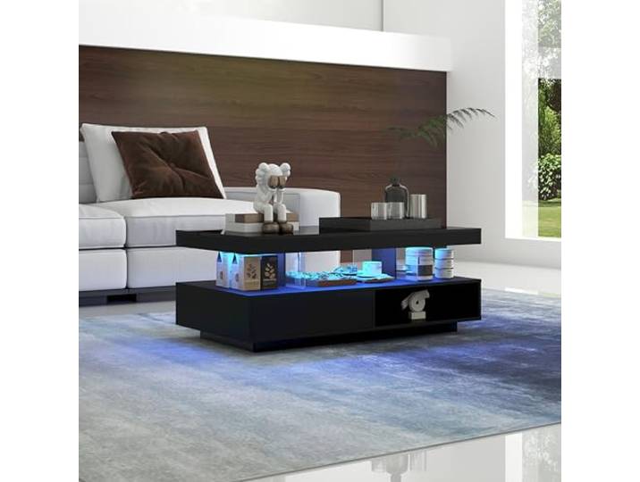 Merax Couchtisch Wohnzimmertisch Schwarz Hochglanz, Sofatisch mit LED Beleuchtung, 2 Schubladen und offenen Fächern, modern Kaffeetisch mit Stauraum, für Büro Empfang Wartebereich, 95x50x42,5cm