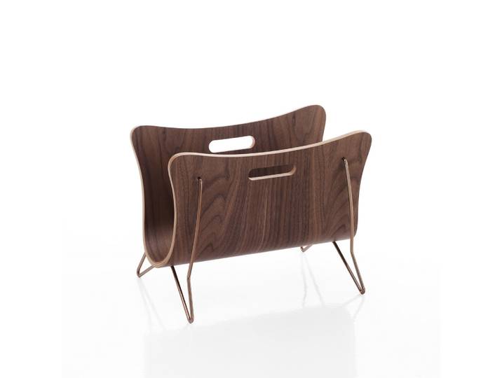 Porte-revues en bois noyer et acier or rose 29x37x26 cm