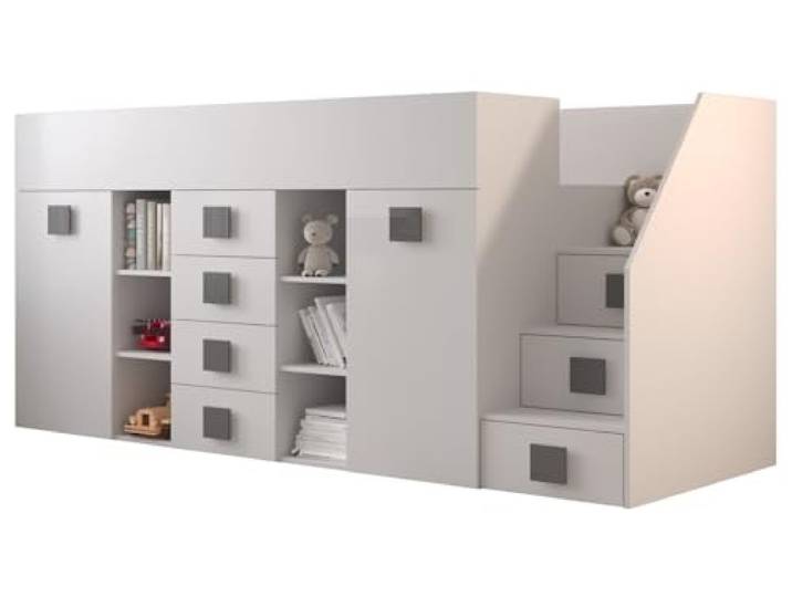MEBLE KRYSPOL Toledo 3 Hochbett für Kinder, Jugendliche mit Stauraum - Etagenbett mit Schreibtisch, Kleiderschrank, Regal, Schubladen, Treppe - 248,5x93x123 cm - Weiß, Weiß, Grau