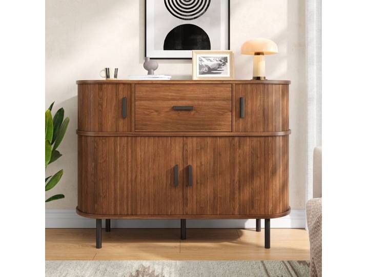 Buffet à deux niveaux avec portes coulissantes - Commode avec 3 tiroirs- pour couloir salon - 110x35x81.5cm - Couleur noyer