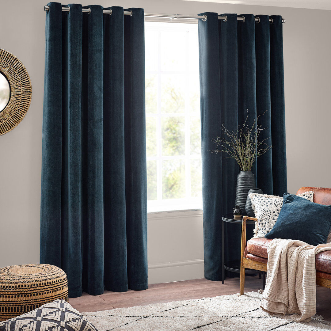 Yard Heavy Chenille Blackout Curtain Panel Pair Navy 229cm Width x 137cm Drop