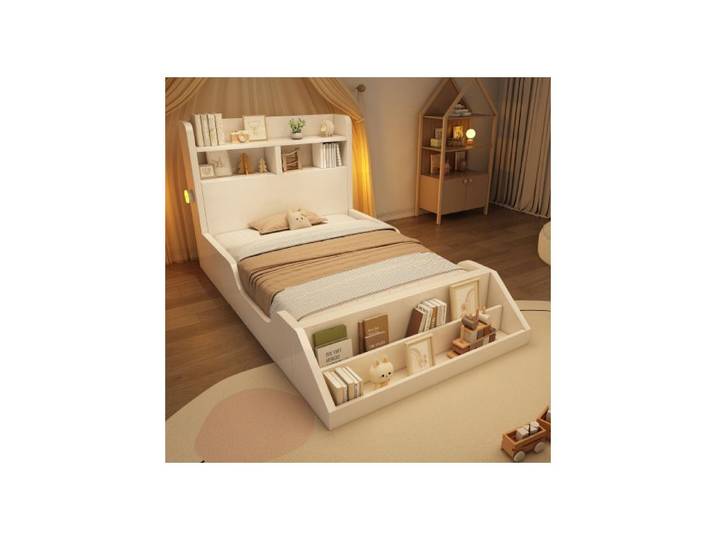 Lit enfant 90x200 cm avec bibliothèque - MODERNLUXE - Blanc - Bibliothèque amovible - Tête de lit avec étagère