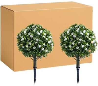 YUN 2ft Artificial Topiary Flower Ball Tree with Ground Spike, Faux Boxwood Plant for Outdoor Decor - 2 white flowers