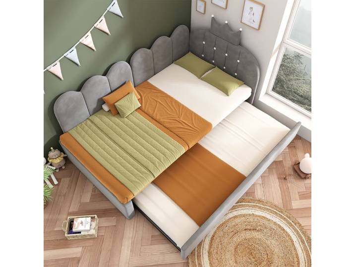 Lit canapé - Lit gigogne en velours gris - 203 x 98 x 95 cm - Couchage 90 x 200 cm - Gigogne 90 x 190 cm